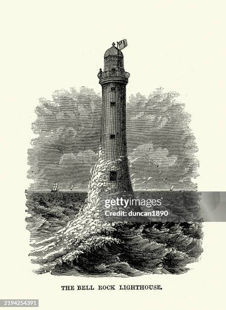 bell rock lighthouse off the coast of angus, scotland, is the world's oldest surviving sea-washed lighthouse, vintage illustration, victorian 19th century - victorian tower stock illustrations