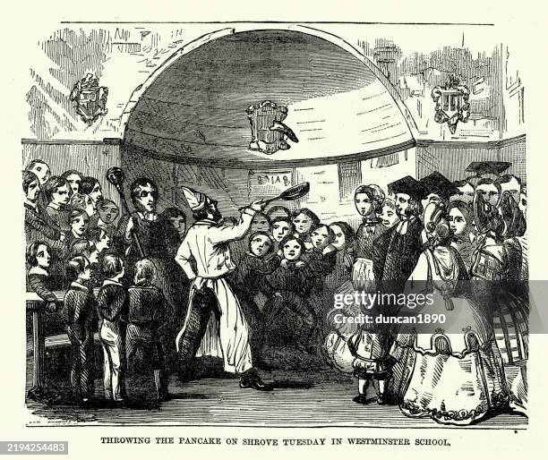 chef throwing the pancake on shrove tuesday, pancake day, at westminster school, vintage illustration, victorian 19th century - shrove tuesday stock illustrations