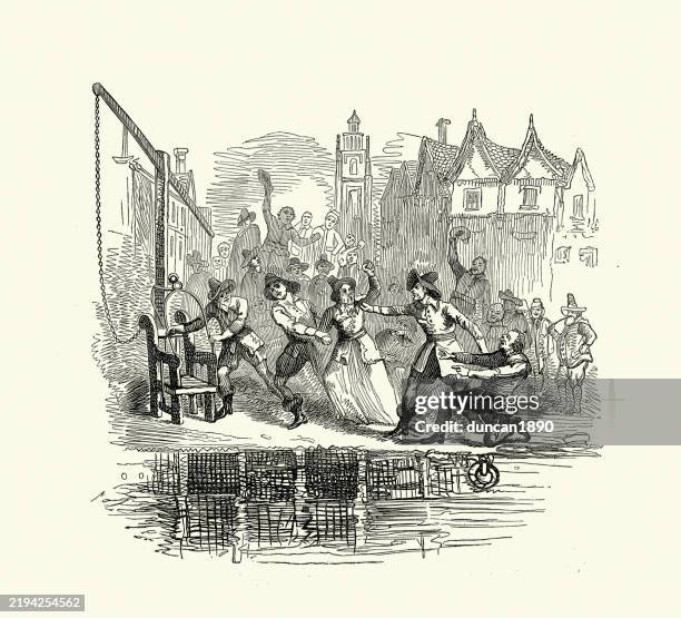 ducking stools or cucking stools were chairs formerly used for punishment of disorderly women, scolds, and dishonest tradesmen in medieval europe, vintage illustration, victorian 19th century - dodging stock illustrations