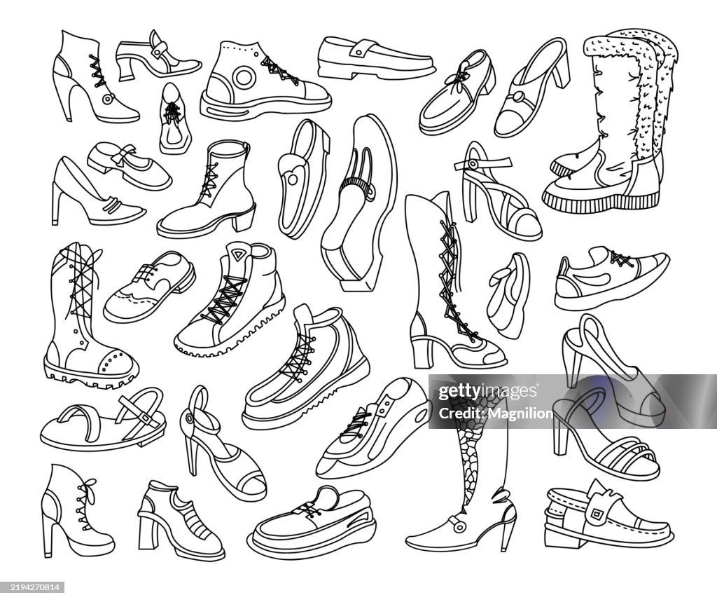 A creative black and white doodle illustration of various shoe styles, featuring casual and formal designs in a playful artistic style.