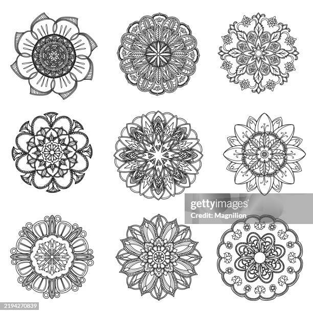 a collection of nine black and white mandalas with intricate designs, perfect for creative projects and relaxation activities. - mandala stock illustrations