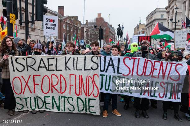 Pro-Palestinian students take part in a National March for Palestine event on 18th January 2025 in London, United Kingdom. The event was switched to...