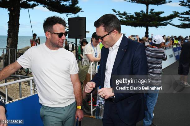 Ex-professional cyclist, Mark Cavendish of The United Kingdom and the President of the UCI World Tour, David Lappartient prior to the 9th Santos...