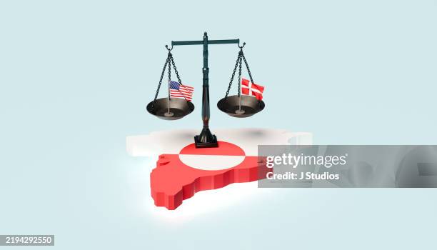 greenland island with justice scale, danish, and american flags - groenland photos et images de collection