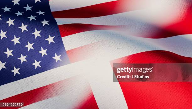 wavy fusion of american and danish flags - usa flag map stock pictures, royalty-free photos & images