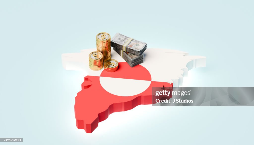 Greenland Map Shape with Dollar Bills and Coins Overlay – Symbolizing Economic Growth