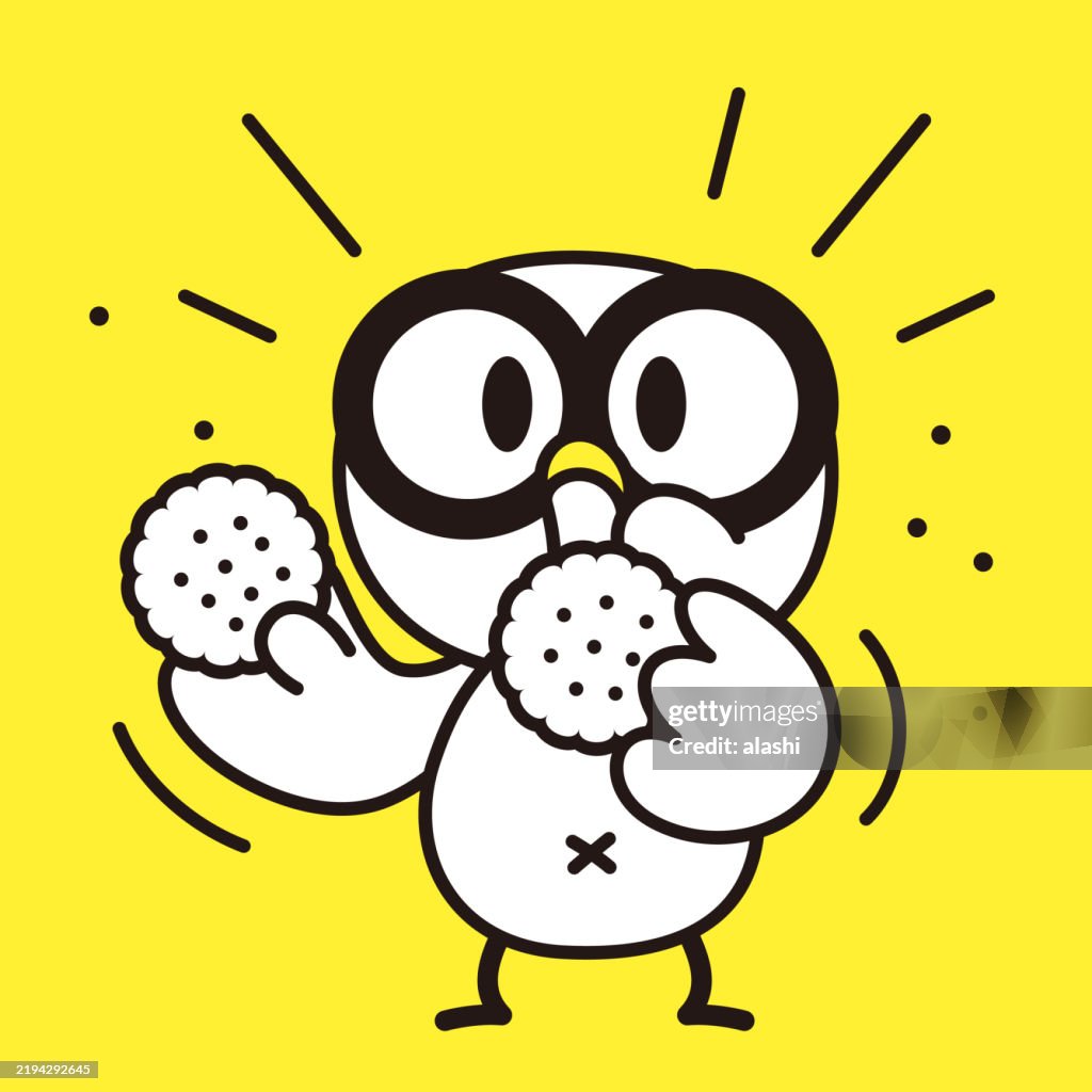 A cute bird, wearing large glasses, chowing down on a biscuit. Minimalist style, drawn in a black outline and flat colors