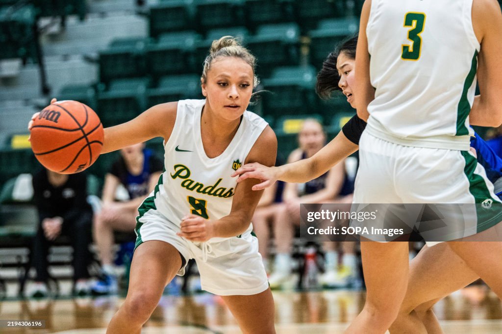 The University of Alberta Pandas (9) Morgan Harris works up...