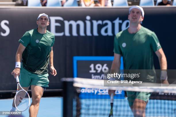 Tallon Griekspoor of the Netherlands and Botic van de Zandschulp of the Netherlands during Day 6 of the Australian Open at Melbourne Park on January...