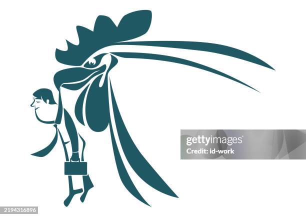 rooster carrying tired businessman - back to work stock illustrations