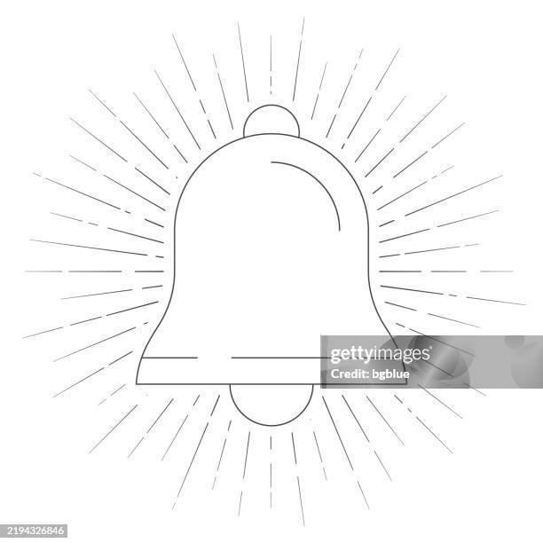 illustrazioni stock, clip art, cartoni animati e icone di tendenza di campana. icona della linea con raggi di sole su sfondo bianco - campanile orologio