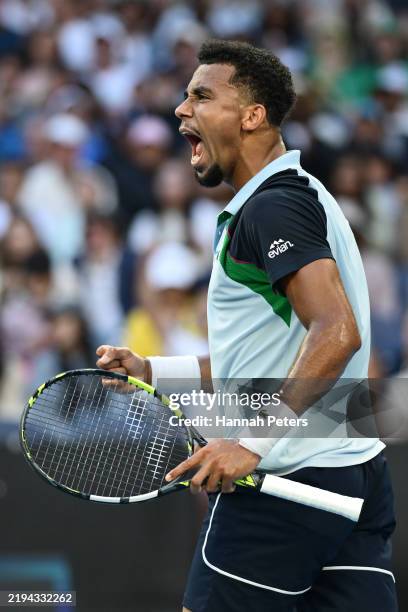 Arthur Fils of France reacts in the Men's Singles Third Round match against Ugo Humbert of France during day six of the 2025 Australian Open at...