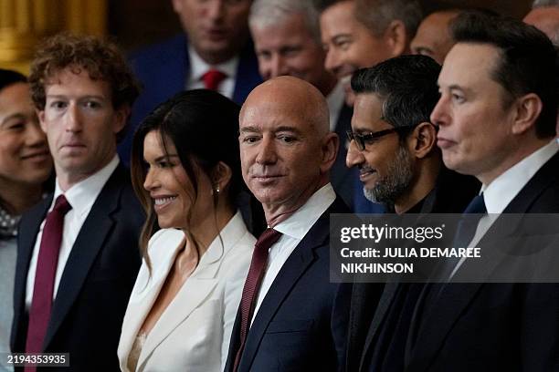 Guests including Mark Zuckerberg, Jeff Bezos, Sundar Pichai and Elon Musk, arrive before the 60th Presidential Inauguration in the Rotunda of the...