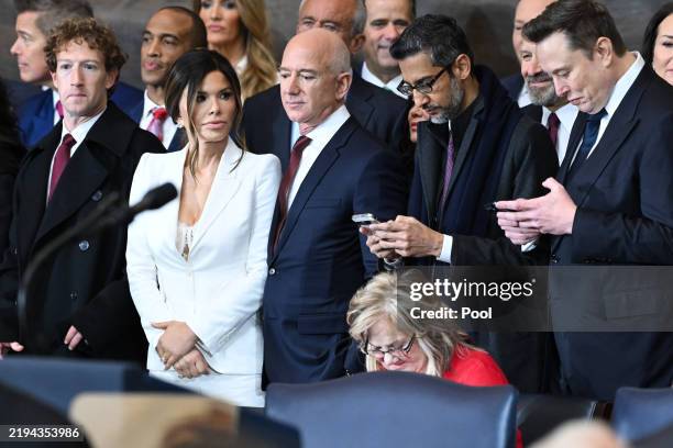Of Meta and Facebook Mark Zuckerberg, Lauren Sanchez, Amazon founder Jeff Bezos, Google CEO Sundar Pichai and Tesla and SpaceX CEO Elon Musk arrive...