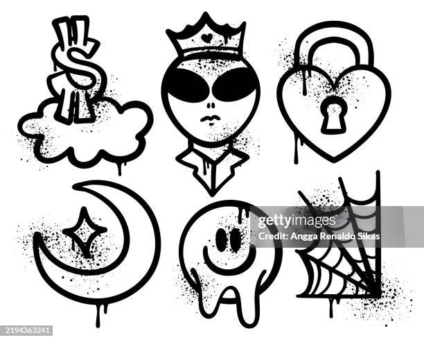 dollar sign with cloud, alien king, heart shaped padlock, crescent moon with star, melting emoji and spider web graffiti icon set - crumbs vector stock illustrations