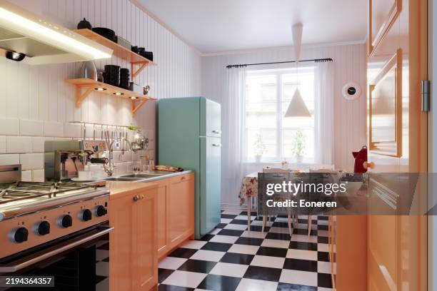 cozy retro kitchen interior - estilo moderno de meados do século imagens e fotografias de stock
