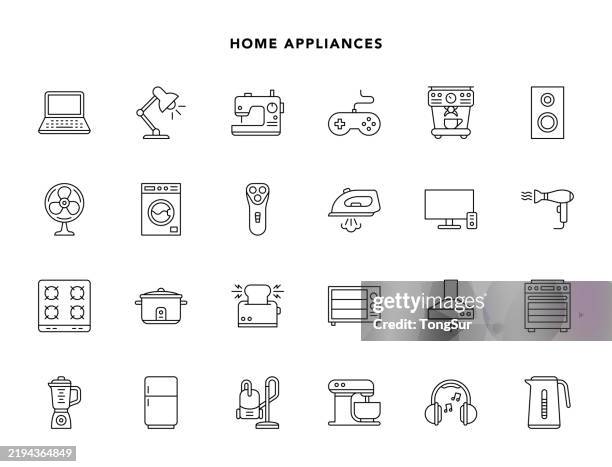 ilustraciones, imágenes clip art, dibujos animados e iconos de stock de electrodomésticos - iconos de línea - electrodoméstico