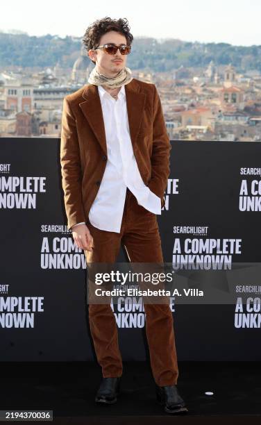 Timothée Chalamet attends "A Complete Unknown" photocall at Hotel De La Ville on January 17, 2025 in Rome, Italy.