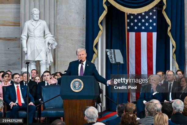 President Donald Trump speaks after being sworn in during his inauguration in the U.S. Capitol Rotunda on January 20, 2025 in Washington, DC. Donald...