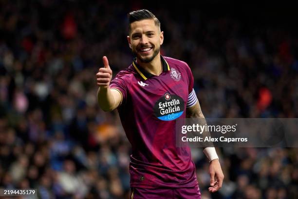 Javi Sanchez of Real Valladolid CF celebrates after scoring his team's first goal during the LaLiga EA Sports match between RCD Espanyol de Barcelona...