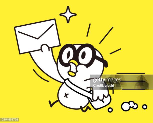 a cute bird wearing large glasses, carrying a bag, running quickly, holding up a letter. minimalist style, drawn in a black outline and flat colors - cartoon bird with glasses stock illustrations