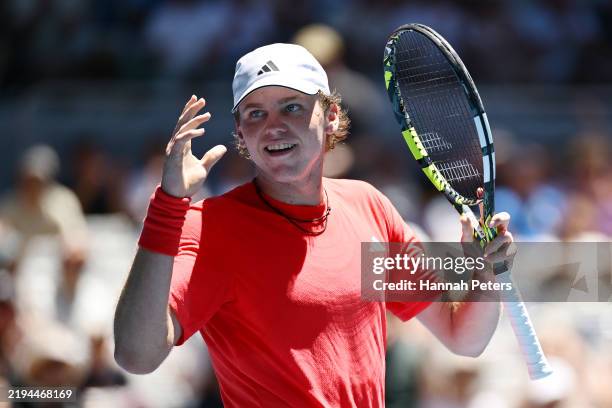 Alex Michelsen of the United States celebrates winning against Karen Khachanov in the Men's Singles Third Round match during day seven of the 2025...