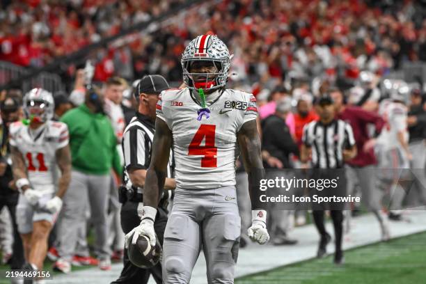 Wide Receiver Jeremiah Smith of the Ohio State Buckeyes celebrates a game sealing catch in the fourth quarter of the Ohio State Buckeyes versus Notre...