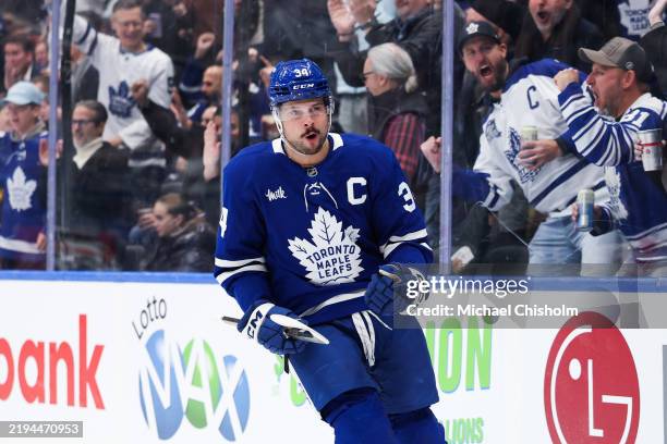 Auston Matthews of the Toronto Maple Leafs celebrates after scoring against the Tampa Bay Lightning at Scotiabank Arena on January 20, 2025 in...