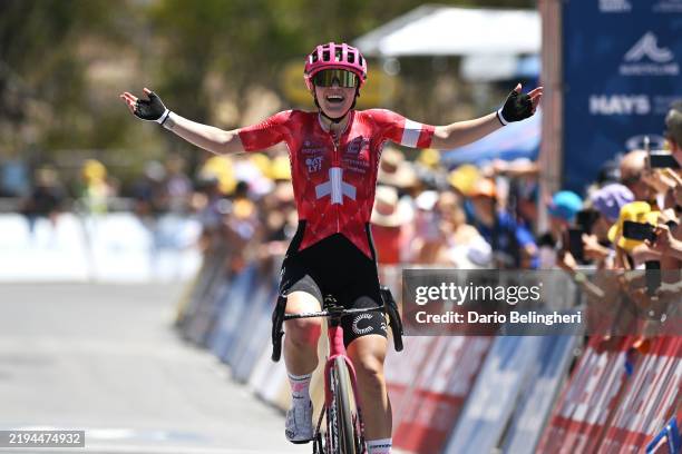 Noemi Ruegg of Switzerland and Team EF Education-Oatly celebrates at finish line as stage winner during the 9th Santos Women's Tour Down Under 2025,...