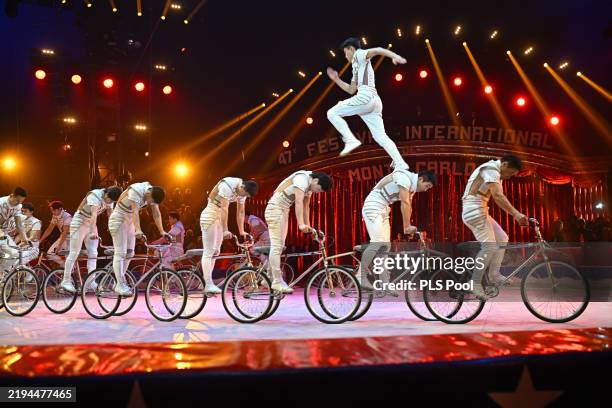 Artists perform on stage during the opening ceremony during the 47th International Circus Festival on January 17, 2025 in Monaco, Monaco.