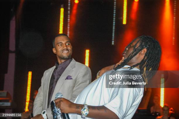 Rapper Kanye West and singer T-Pain perform at the Rolling Stone private party and concert at The Joint inside Hard Rock Hotel & Casino on September...