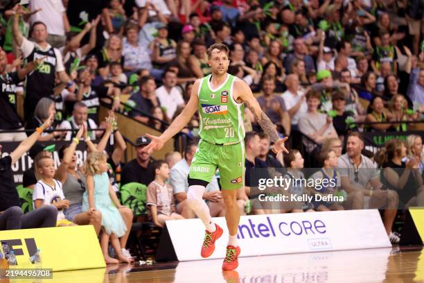 Nathan Sobey of the Phoenix celebrates during the round 17 NBL match between South East Melbourne Phoenix and New Zealand Breakers at State...