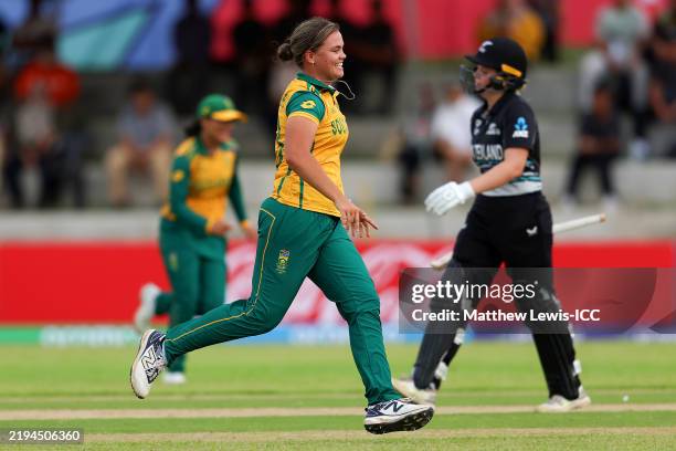 Kayla Reyneke of South Africa celebrates dismissing Kate Irwin of New Zealand during the ICC Women's U19 T20 World Cup match between New Zealand and...