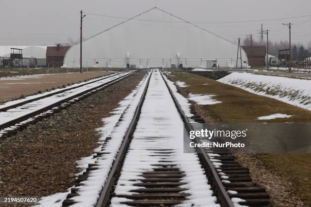 View of a tent above the Main Gate ahead of the 80th liberation anniversary at the former Nazi German concentration camp Auschwitz II-Brikenau in...
