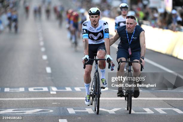 Manlio Moro of Italy and Movistar Team crosses the finish line after being involved in a crash during the Villawood Men's Classic 2025 a 1.8km one...