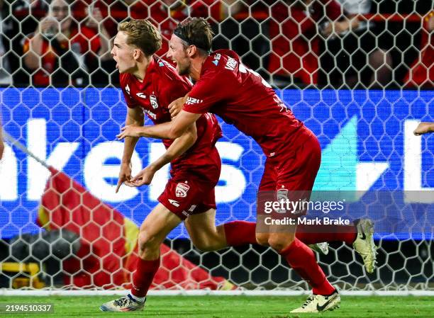 Ethan Alagich of Adelaide United celebrates after scoring his teams third goal with a3during the round 15 A-League Men match between Adelaide United...