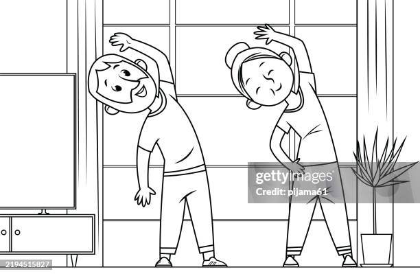 old couple doing yoga at home - happy elderly exercise stock illustrations