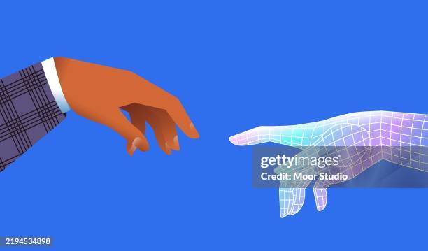 bildbanksillustrationer, clip art samt tecknat material och ikoner med human an ai hands getting contact concept illusttration - artificiell generell intelligens