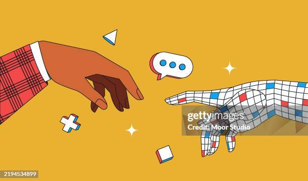 ilustrações, clipart, desenhos animados e ícones de mão humana e mão ai no fundo amarelo - machinery