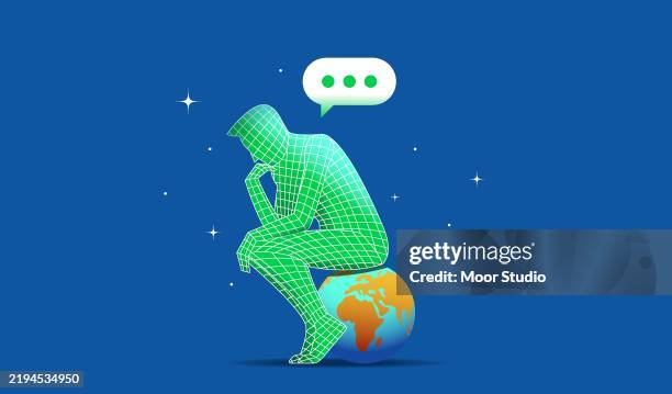 bildbanksillustrationer, clip art samt tecknat material och ikoner med ai model sitting on the globe deep in though - artificiell generell intelligens