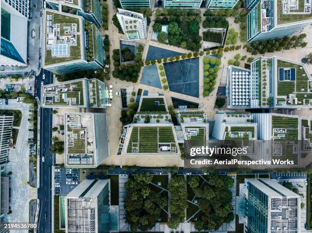 veduta aerea dei tetti verdi - architettura ecologica foto e immagini stock