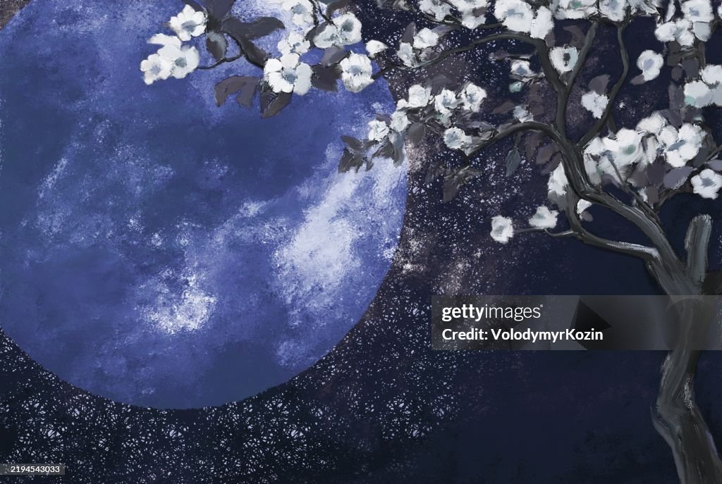 Night landscape with blossoming apple tree