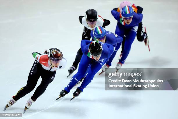 Petra Jaszapati of Hungary, Arianna Fontana of Italy and Elisa Confortola of Italy compete in the Women 1000m Final during the ISU European Short...
