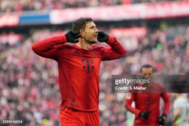 Leon Goretzka of Bayern Munich celebrates scoring his team's first goal during the Bundesliga match between FC Bayern München and VfL Wolfsburg at...