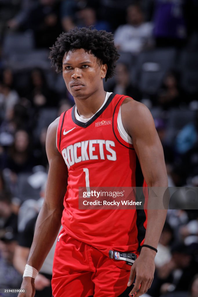 Houston Rockets Thompson Amen Thompson of the Houston Rockets looks on during the game against ...