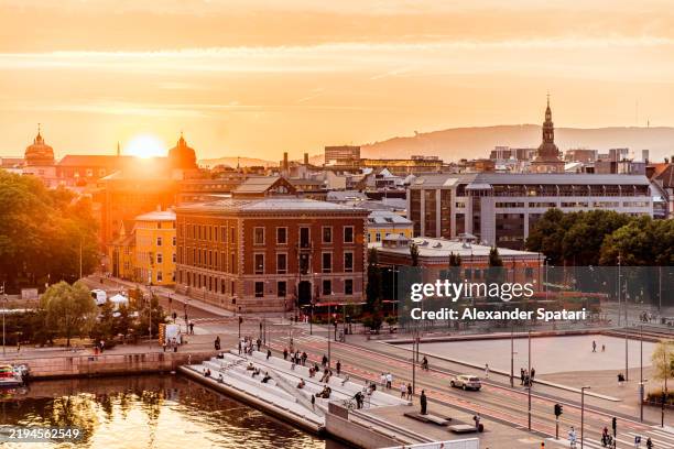 oslo cityscape at sunset in summer, aerial view, norway - oslo fotografías e imágenes de stock