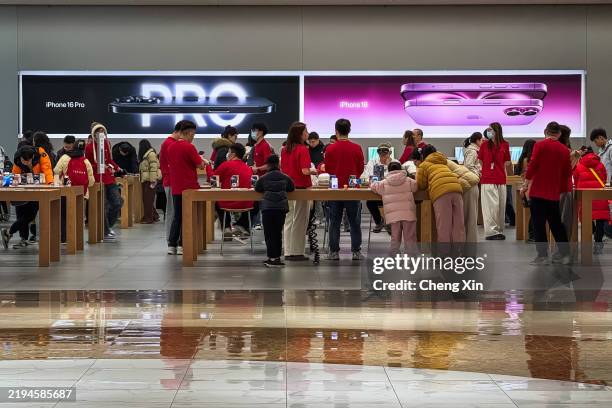 Customers and staff interact inside the Apple Store at Jiefangbei, showcasing the latest iPhone models, including the iPhone 16 Pro, on January 18,...
