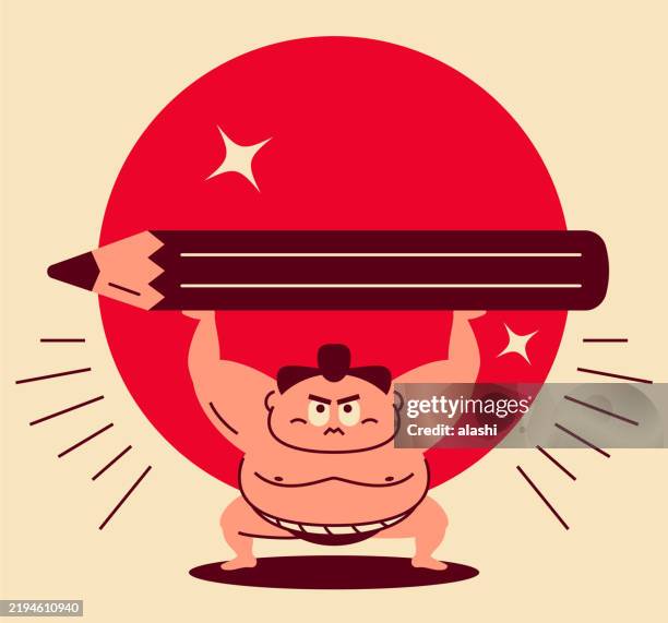 a cute sumo wrestler, crouching, arms raised, lifting a large powerful pencil - art class stock illustrations