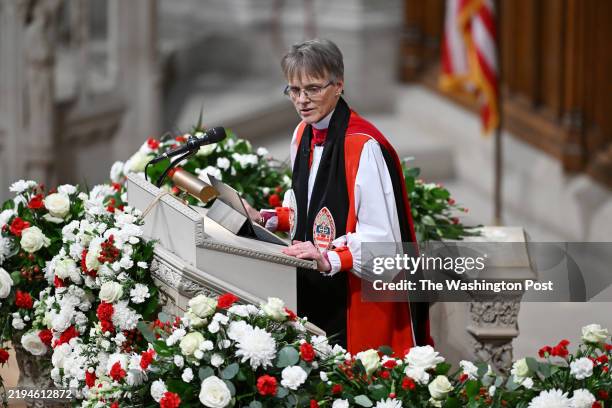 Bishop Mariann Edgar Budde speaks as President Donald Trump wa in attendance A Service of Prayer for the Nation at Washington National Cathedral on...