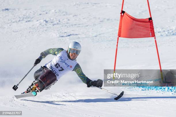 Josh Hanlon of Team Australia competes in the Para Alpine Skiing Men's Giant Slalom Sitting at Corviglia during the St Moritz 2025 FIS Para Alpine...
